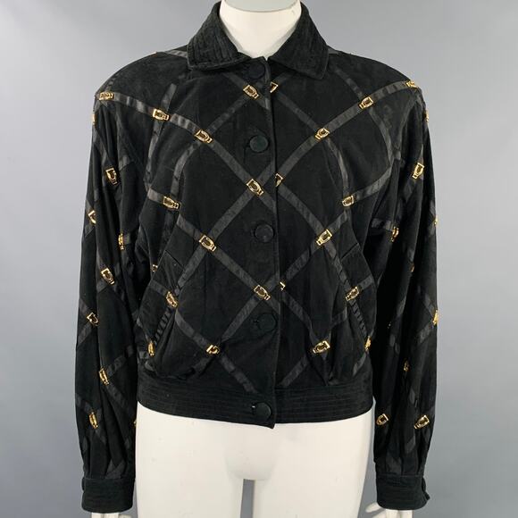 BRUNO MAGLI Size M Black Gold Suede Checkered Button Up Jacket - Picture 1 of 10